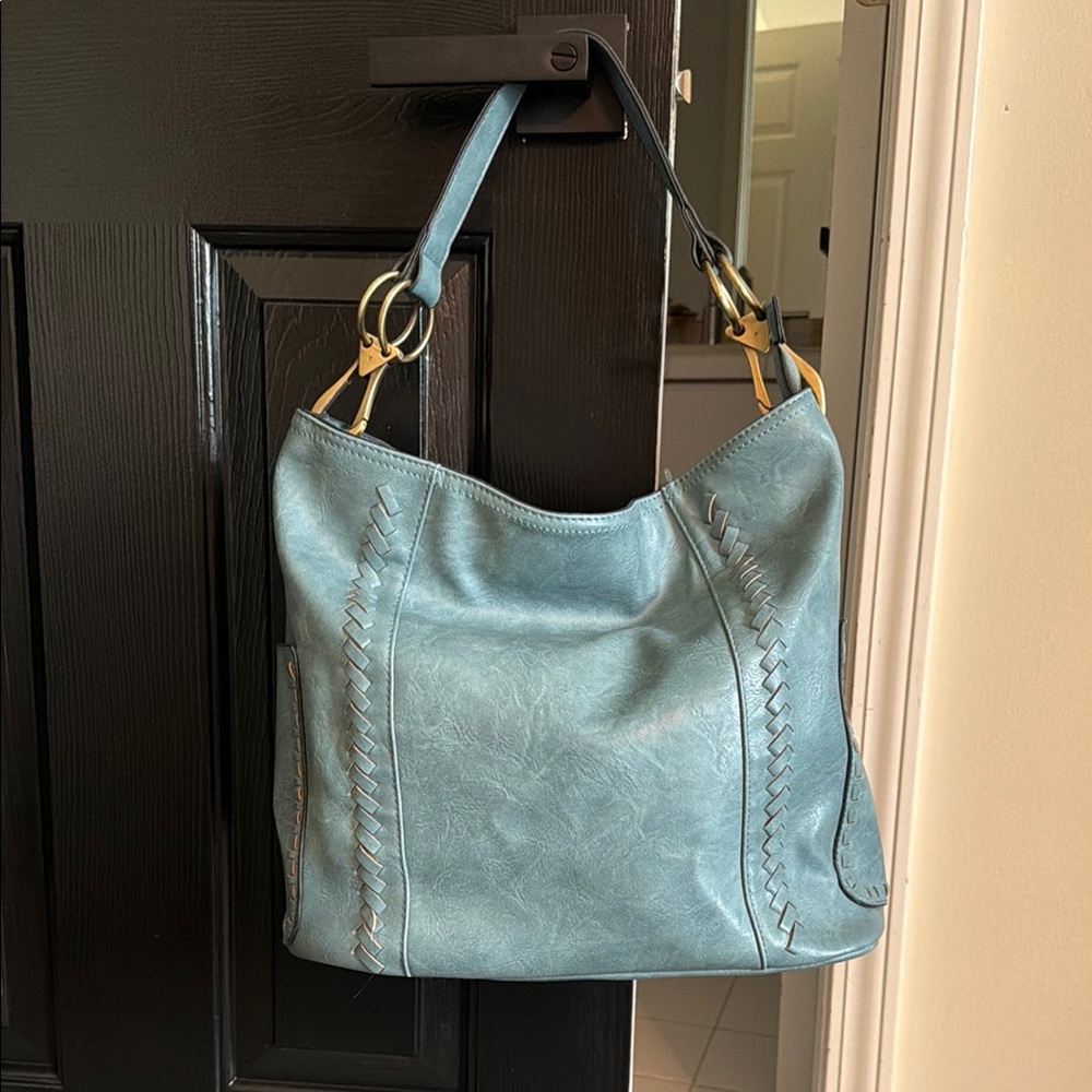Blue Leather-Style Hobo Shoulder Bag
